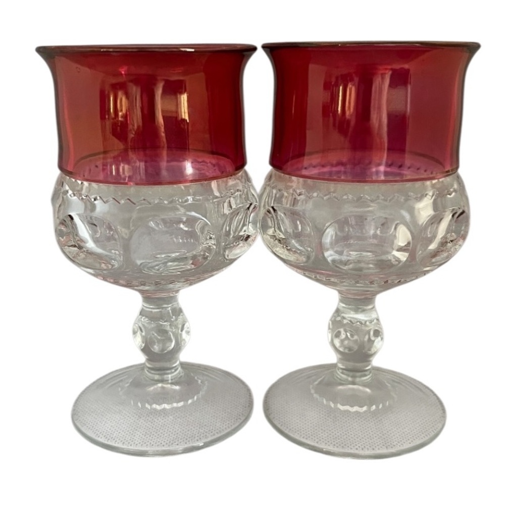 King's Crown Thumbprint Cranberry Flashed Glass Water Goblets